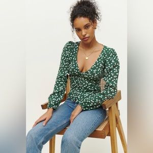 Reformation / Nell Long Sleeve Top / Green Floral / Size L
